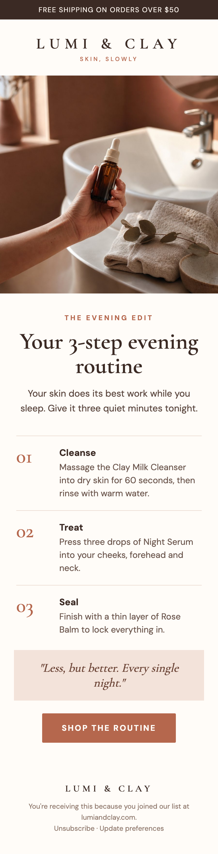 Example email from Lumi & Clay, a made-up skincare store